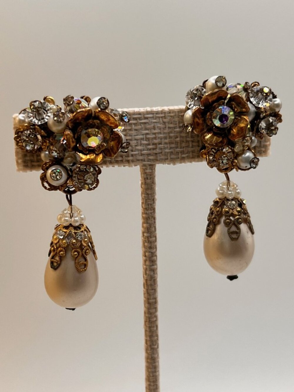 Signed Vintage Vendome Bridal Clip On Earrings Gold Tone Floral Faux Pearl Drop